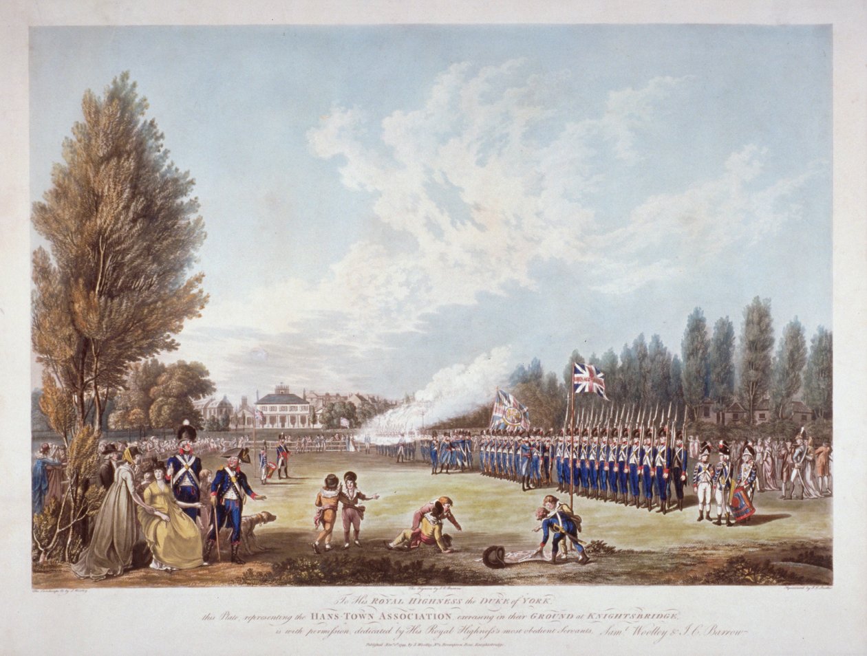 Hans-Town Association harjoittelee alueellaan Knightsbridgessä, Lontoossa, 1799 tekijältä Joseph Constantine Stadler