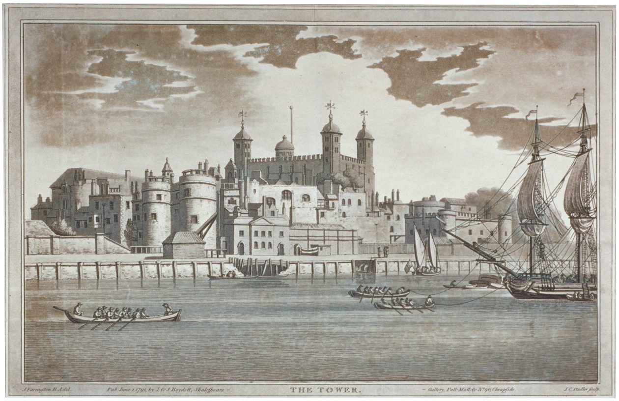 Katsele Lontoon Toweria Thames-joelta veneillä joella, 1795 tekijältä Joseph Constantine Stadler