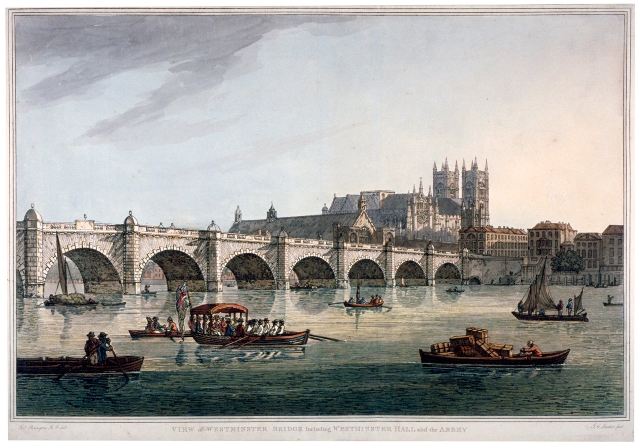 Westminster Bridge, Westminster Abbey ja Westminster Hall, Lontoo, 1789. tekijältä Joseph Constantine Stadler