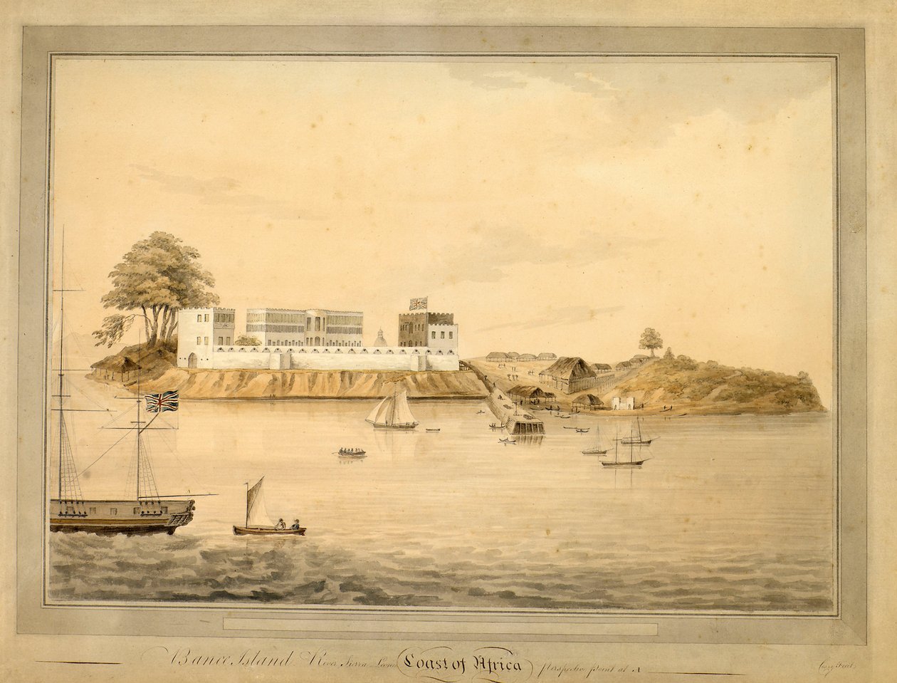 Näkymä Bance-saarelle, Sierra Leone, Afrikka, noin 1805 (vesiväri) tekijältä Joseph Corry