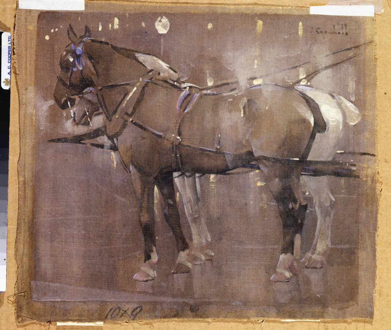 Cab Horses by Gaslight (akvarelli ja vartaloväri pellavalle) tekijältä Joseph Crawhall