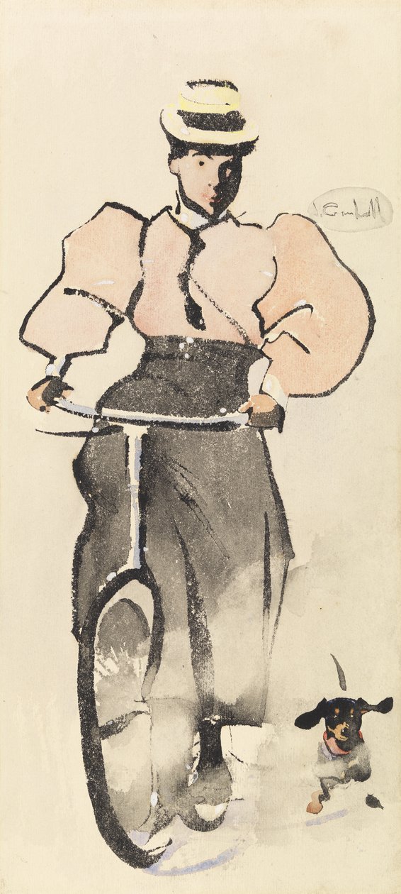 Tyttö polkupyörällä, n. 1896 (akvarelli paperille) tekijältä Joseph Crawhall