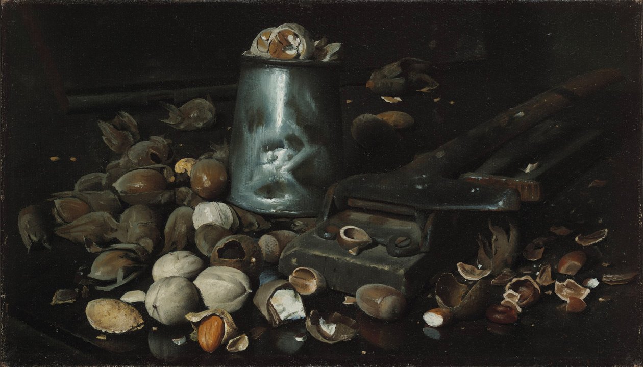 Asetelma, jossa on säilyketölkki ja pähkinöitä, n.1886 tekijältä Joseph Decker