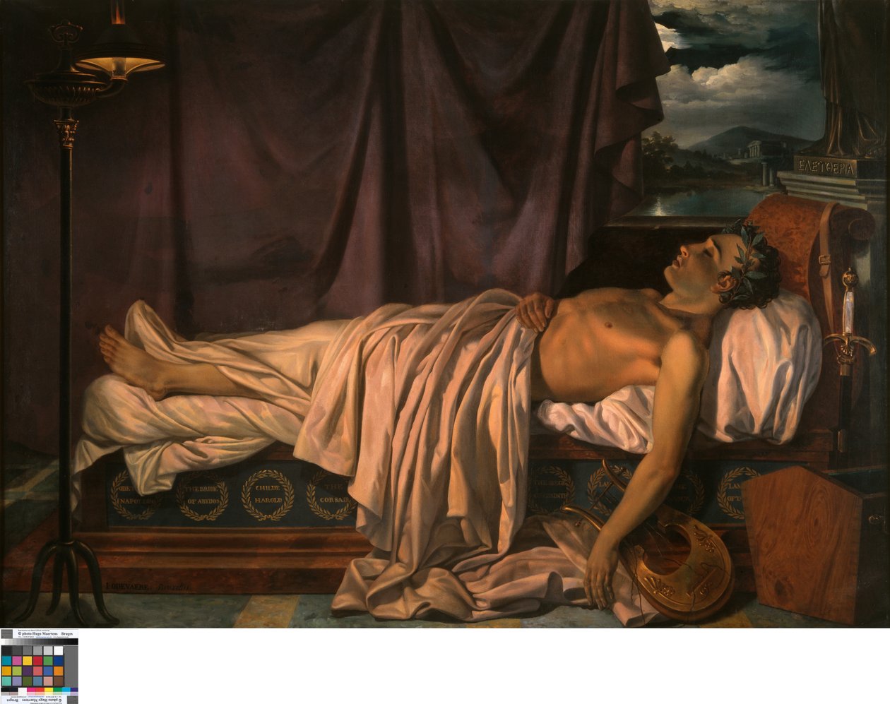 Lord Byron kuolinsängyllään, n. 1826 (öljy kankaalle) tekijältä Joseph Denis Odevaere