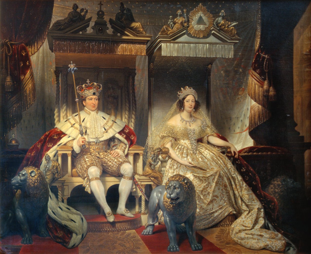 Christian VIII (1786-1848) ja kuningatar Caroline Amalie (1796-1881) kruunausvaatteissa tekijältä Joseph Desire Court
