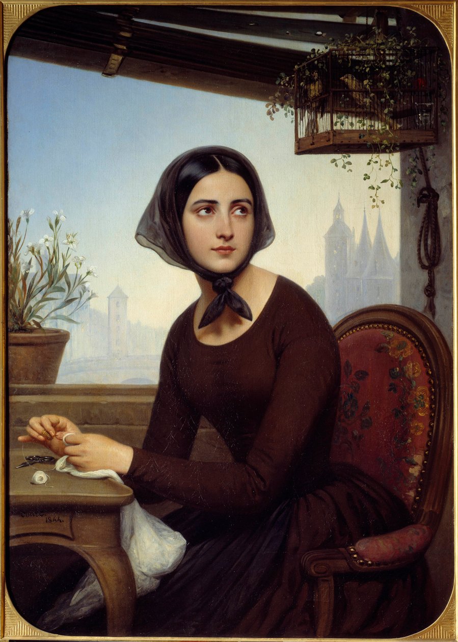 Hauska, joka haluaa viihdyttää itseään ilman Germain Illustrationia Eugene Suen "Les mysteres de Paris" -kappaleeseen. Joseph-Desire Courtin maalaus (1798-1865) 1844 su. 1,12x0,8 m Rouen, Musee des Beaux Arts tekijältä Joseph Desire Court