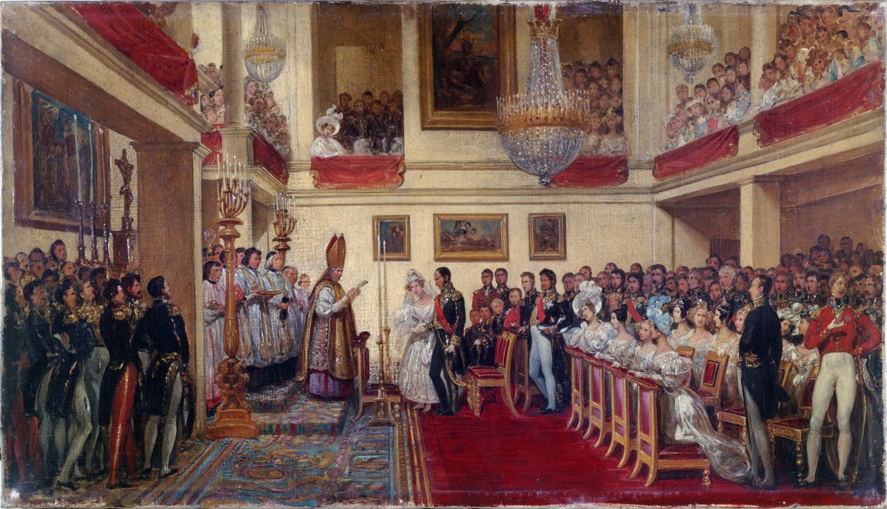 Kuningas Leopold I:n ja Orléansin prinsessan avioliitto vuosina 1833-1837 (öljy). tekijältä Joseph Desire Court