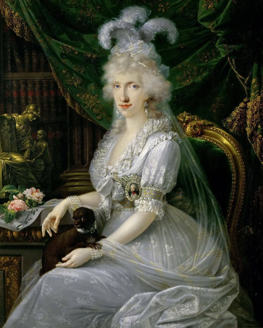 Saksa: Napolin-Sisilian Marie Luise (Ludovica) (1773-1802), Toscanan Ferdinand III:n puoliso, istuu pöydän ääressä, polvipituinen muotokuva Luisa Maria Amelia Teresa Napolin ja Sisilian prinsessasta, Napolin ja Sisilian suurherttuattaresta ja puolisosta, N tekijältä Joseph Dorffmeister