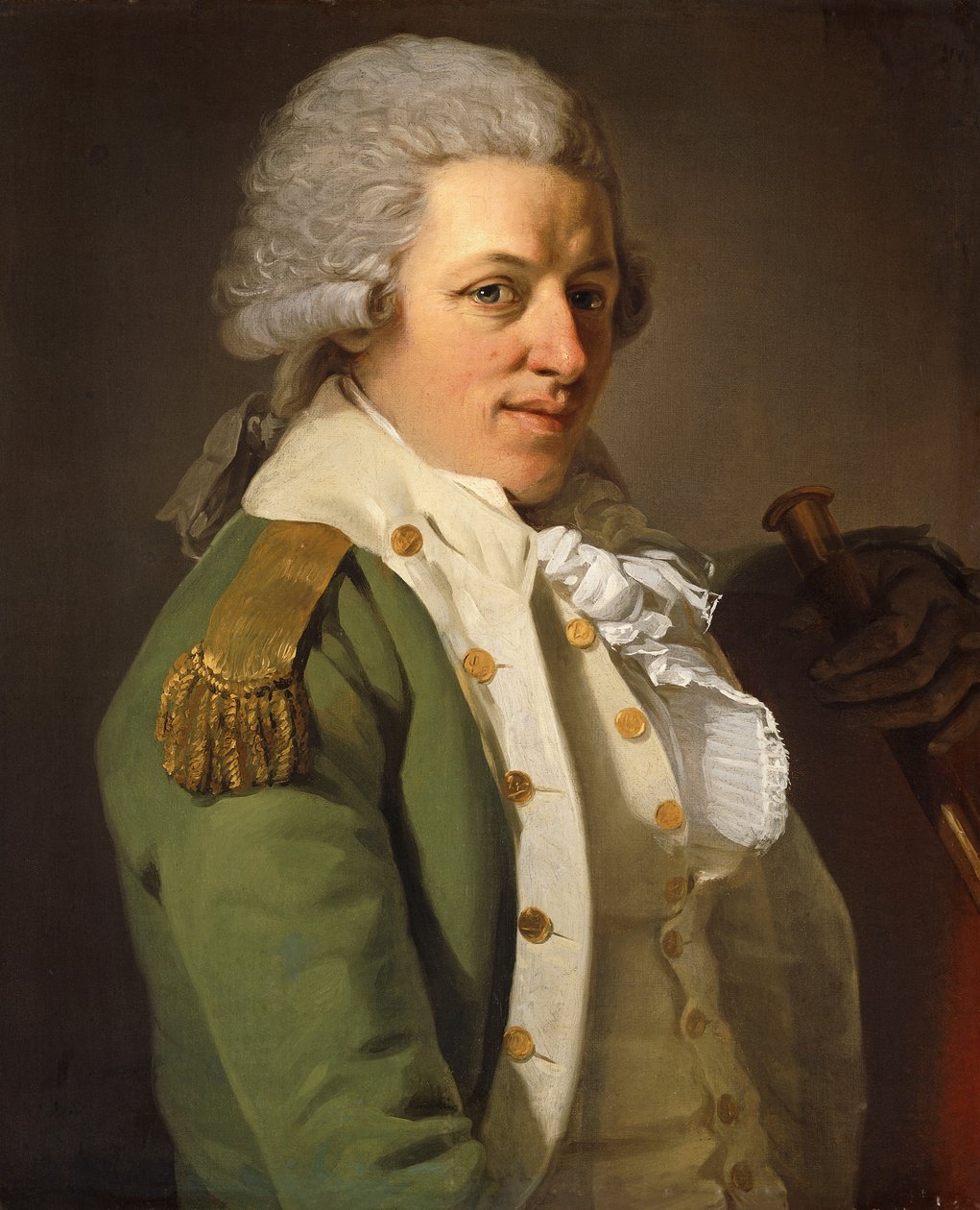 Taiteilijan muotokuva, puolipitkä, yllään vihreä takki ja pitelee keppiä, tekijältä Joseph Ducreux