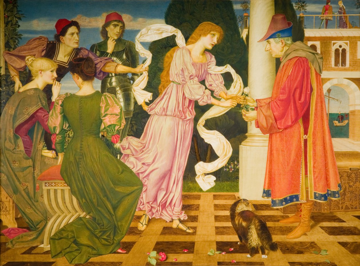 Kauneus vastaanottaa valkoisen ruusun isältään, 1899. tekijältä Joseph Edward Southall