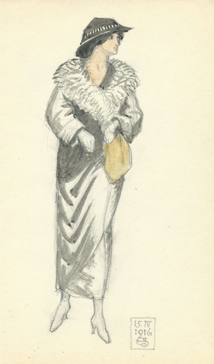 Muodikas nainen, 15.IV.1916, 1916 (kynä & muste ja wc paperilla) tekijältä Joseph Edward Southall