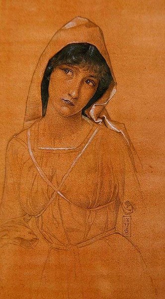 Tyttö viitta päällä (kynä ja akvarelli paperilla) tekijältä Joseph Edward Southall