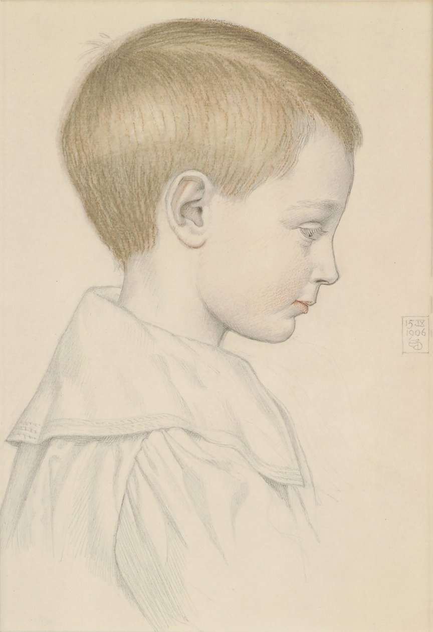 Luonnos pojan päästä, 1906 (kynä ja wc paperilla) tekijältä Joseph Edward Southall