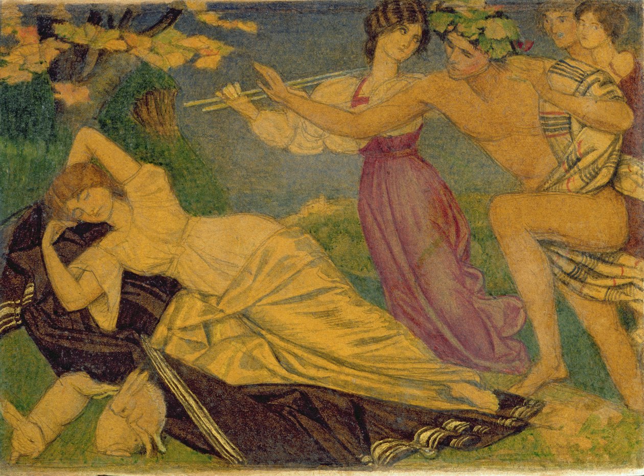 Tutkimus Bacchukselle ja Ariadnelle, n. 1912 (wc kynällä kortilla) tekijältä Joseph Edward Southall
