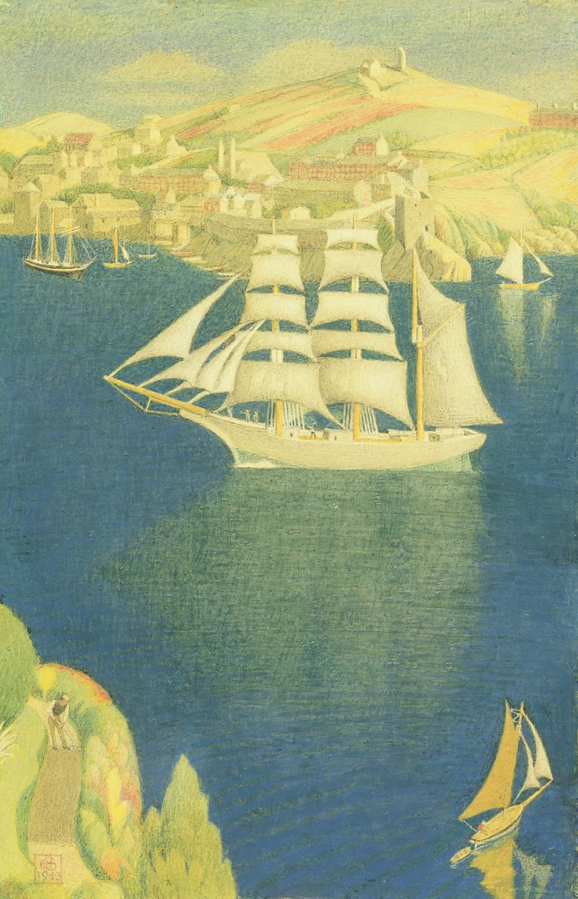 The White Barque at Fowey, 1943 (tempera aluksella) tekijältä Joseph Edward Southall