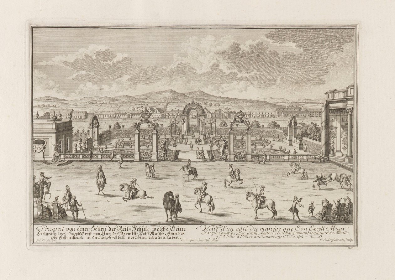 Kreivi Paarin ratsastuskoulu Wienissä, 1719. tekijältä Joseph Emanuel Fischer von Erlach