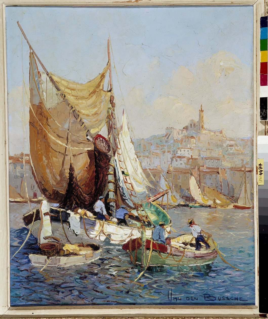 Kalastajat Marseillen vanhassa satamassa Fernand Van Den Busschen (1892-1975) maalaus 1900-luku Pakollinen maininta: Kokoelman perusta terveisin de Provence, Marseille tekijältä Joseph Emanuel Van Den Bussche