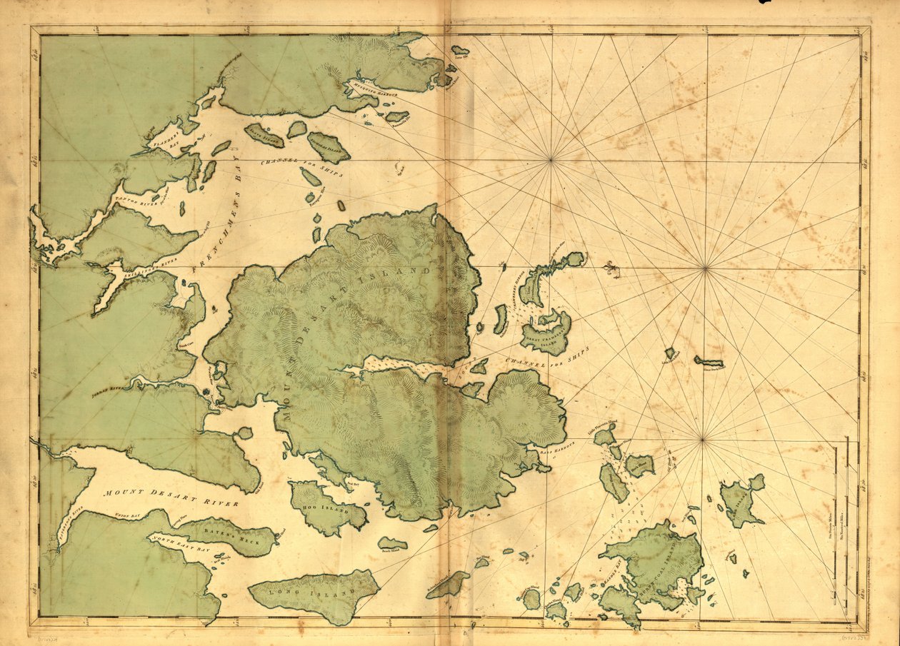 49 000. Hachures näyttää helpotusta. Syvyydet näkyvät luotauksilla. Esittelee Hancock Countyn rannikkoa Mainessa. Saatavilla myös Library of Congress -verkkosivuston kautta rasterikuvana. Holvi AACR2 tekijältä Joseph F. W. [Des Barres