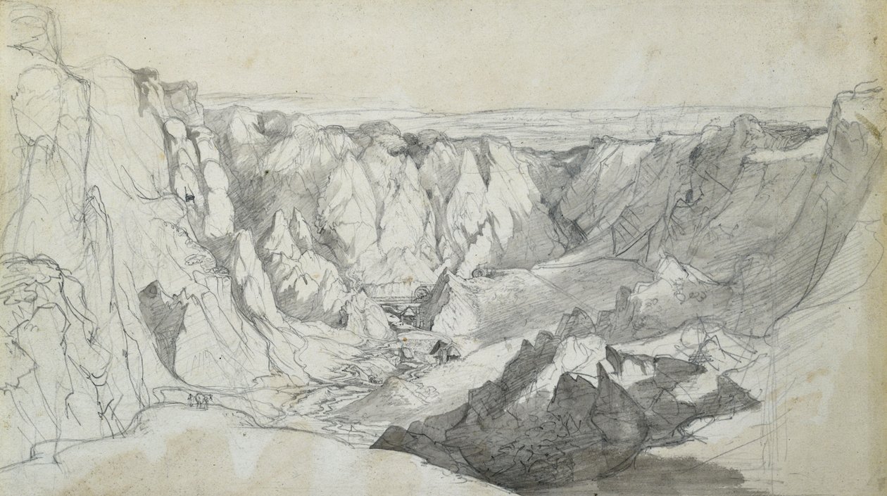 Carclase Tin Mine Cornwallissa, n. 1810 (kynä pesulla paperilla) tekijältä Joseph Farington
