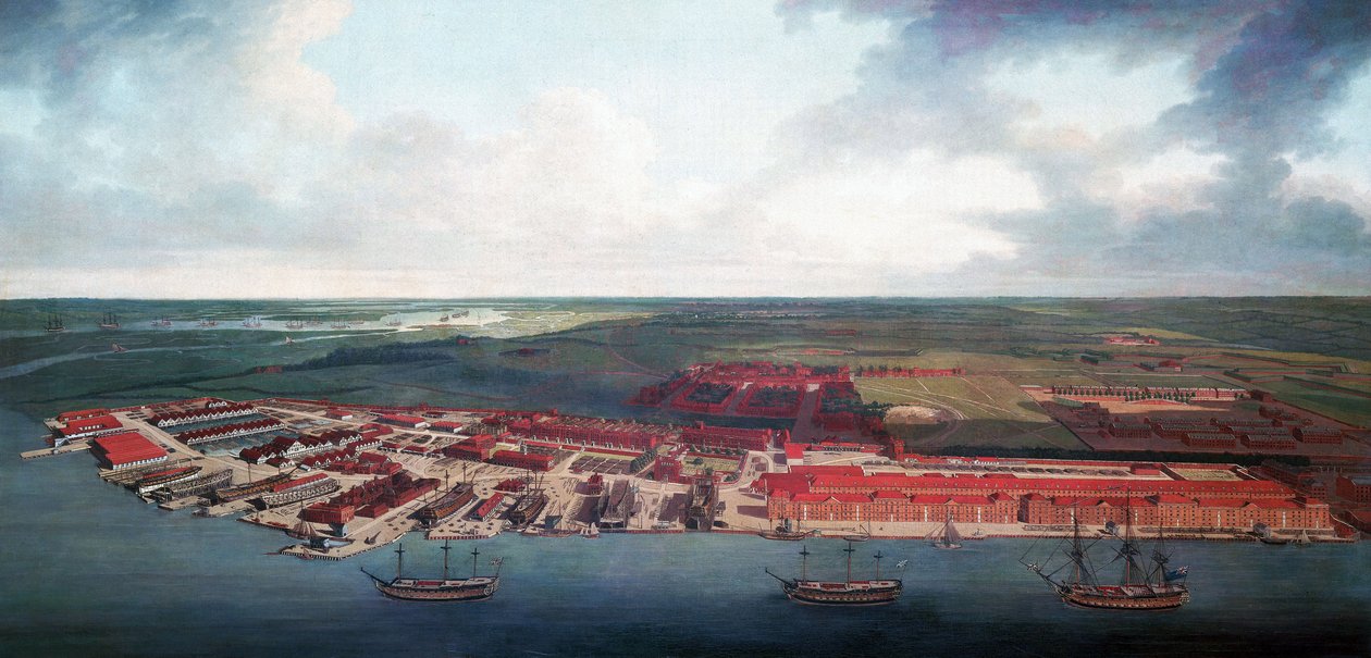 Chathamin telakka (Englanti), maantieteellisen sijaintinsa ansiosta Chatham oli 1700-luvulla Britannian kuninkaallisen laivaston tärkein satama, ja 1700-luvulla siitä tuli tärkeä korjaus- ja huoltokeskus. tekijältä Joseph Farington