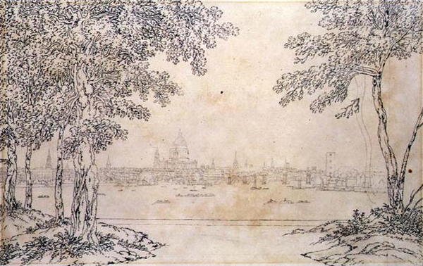 Kaukainen näkymä St. Paulin ja Blackfriars Bridgelle tekijältä Joseph Farington