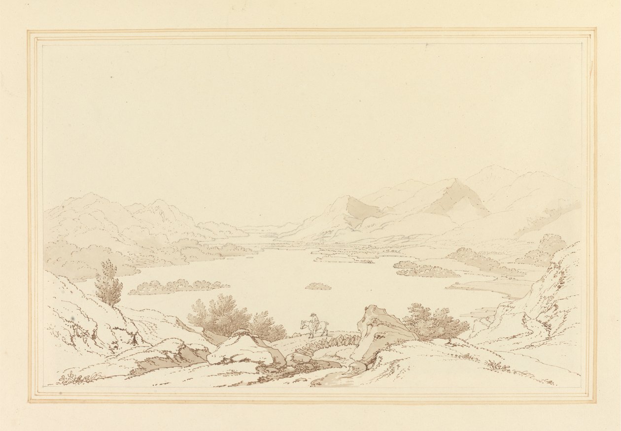 Yleinen näkymä Derwent Water -järvelle (kynä ja muste wc:llä grafiitin päällä kudottupaperilla) tekijältä Joseph Farington