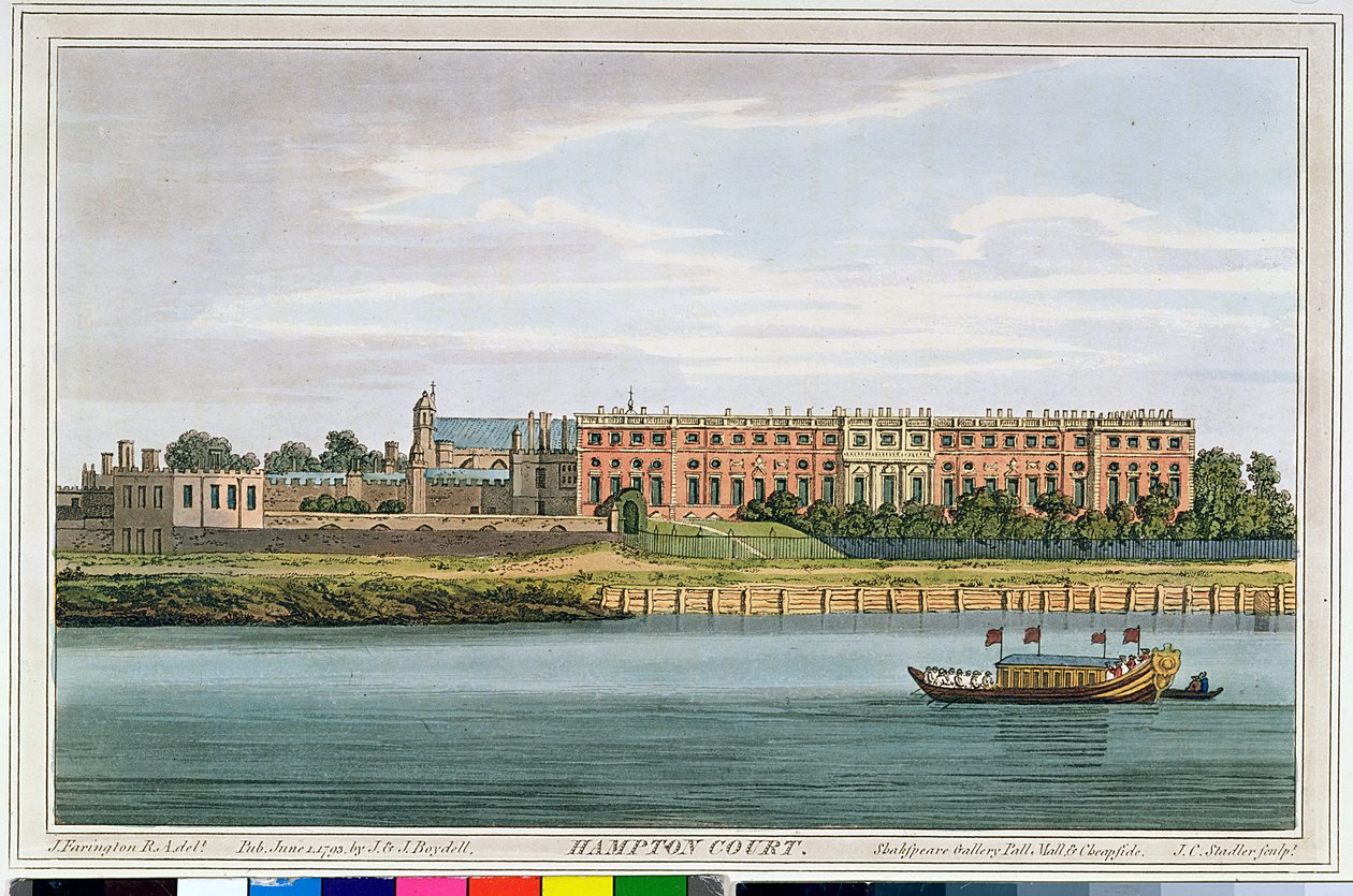 Hampton Court, kaiverrettu J.C. Stadler (fl.1780-1812) Havellin "Thamesin historiasta", 1793 (värikaiverrus) tekijältä Joseph Farington