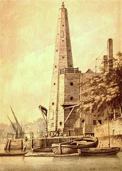 Old Water Tower at York Buildings, Whitehall, 20. toukokuuta 1791 (muste ja pesu) tekijältä Joseph Farington