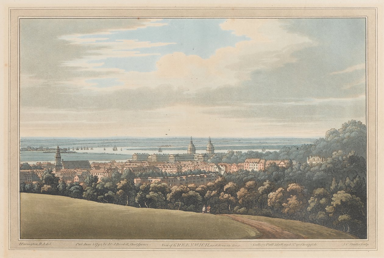 Näkymä Greenwichiin ja alas joelle, 1795 (akvatinta) tekijältä Joseph Farington