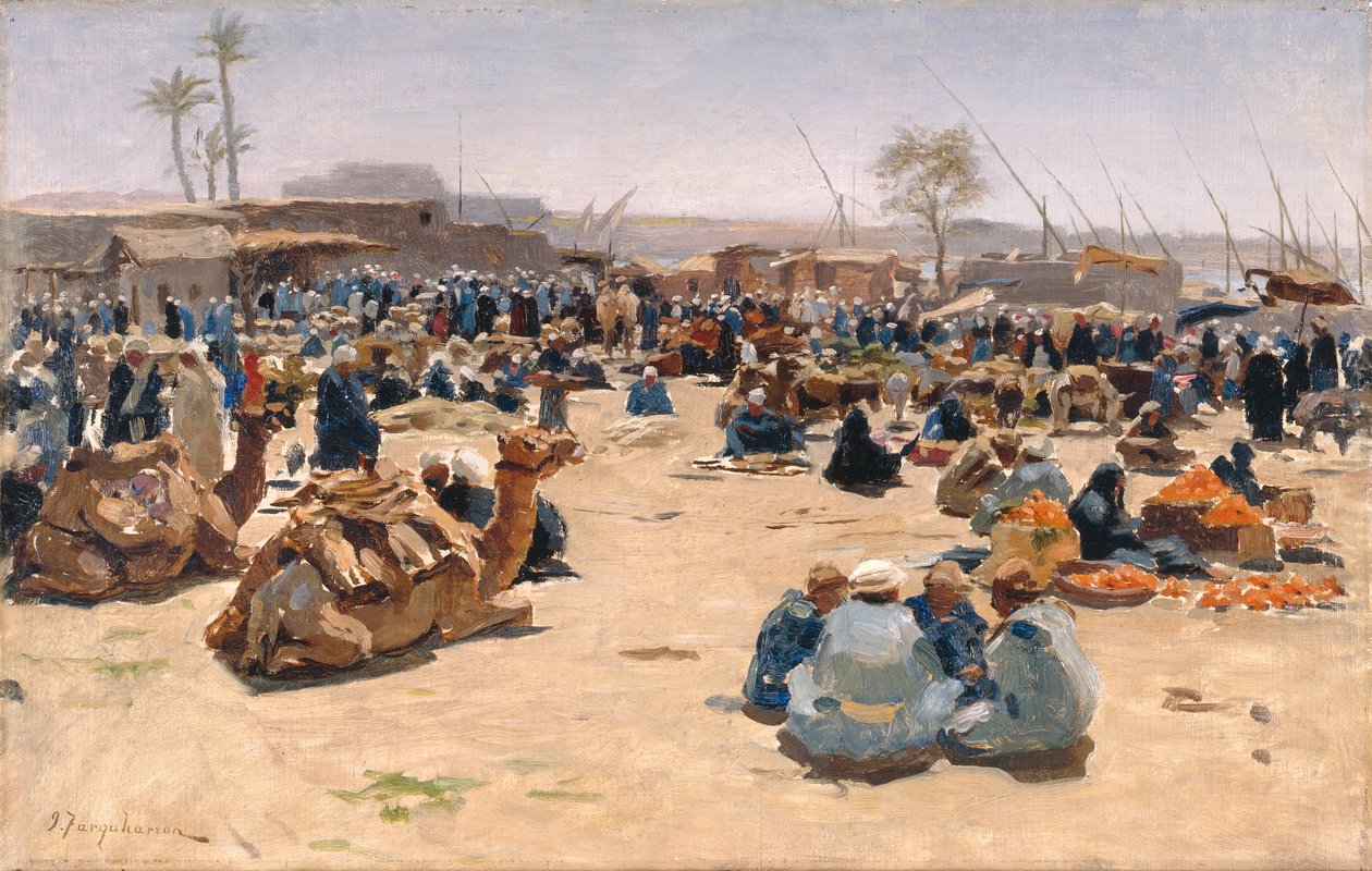 Markkinat Niilillä, n. 1893 (öljy kankaalle) tekijältä Joseph Farquharson
