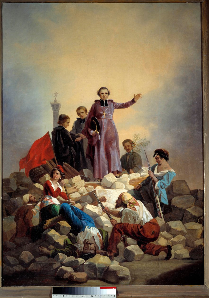 Vallankumous 1848: "" Arkkipiispa Denis Affre (1793-1848) Barrikadilla Faubourg Saint Anthony 26/06/1848"" Joseph Felonin (1818-1896) maalaus 1848 su. 0,92x0,67 m. Pariisi, Musee Carnavalet - Vuoden 1848 vallankumous: "" Arkkipiispa Monseigneur Denis Af tekijältä Joseph Felon