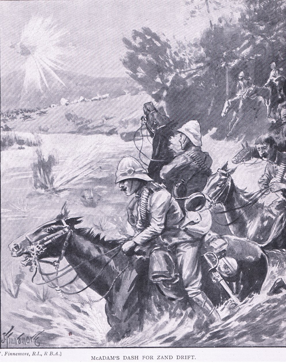 McAdams dash for Zand Drift, teoksesta After Pretoria: The Guerilla War, jonka on julkaissut Harmsworth Bros Limited, 1901. tekijältä Joseph Finnemore