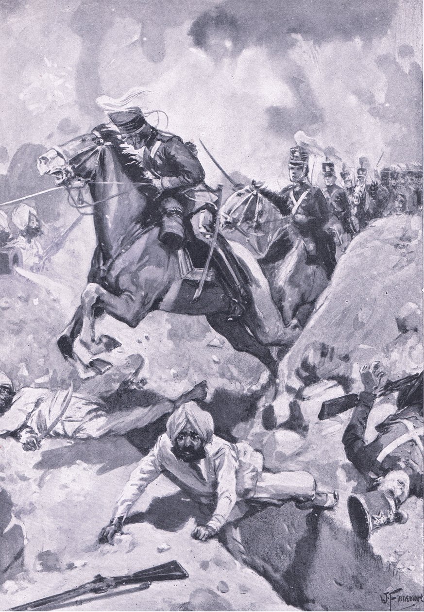 Sobraon: Sir Joseph Thackwell johdattelee 3. Light Dragonseja yhdessä tiedostossa joidenkin sikhien maanrakennustöissä, kuvitus brittiläisistä taisteluista maalla ja merellä, 1915 tekijältä Joseph Finnemore