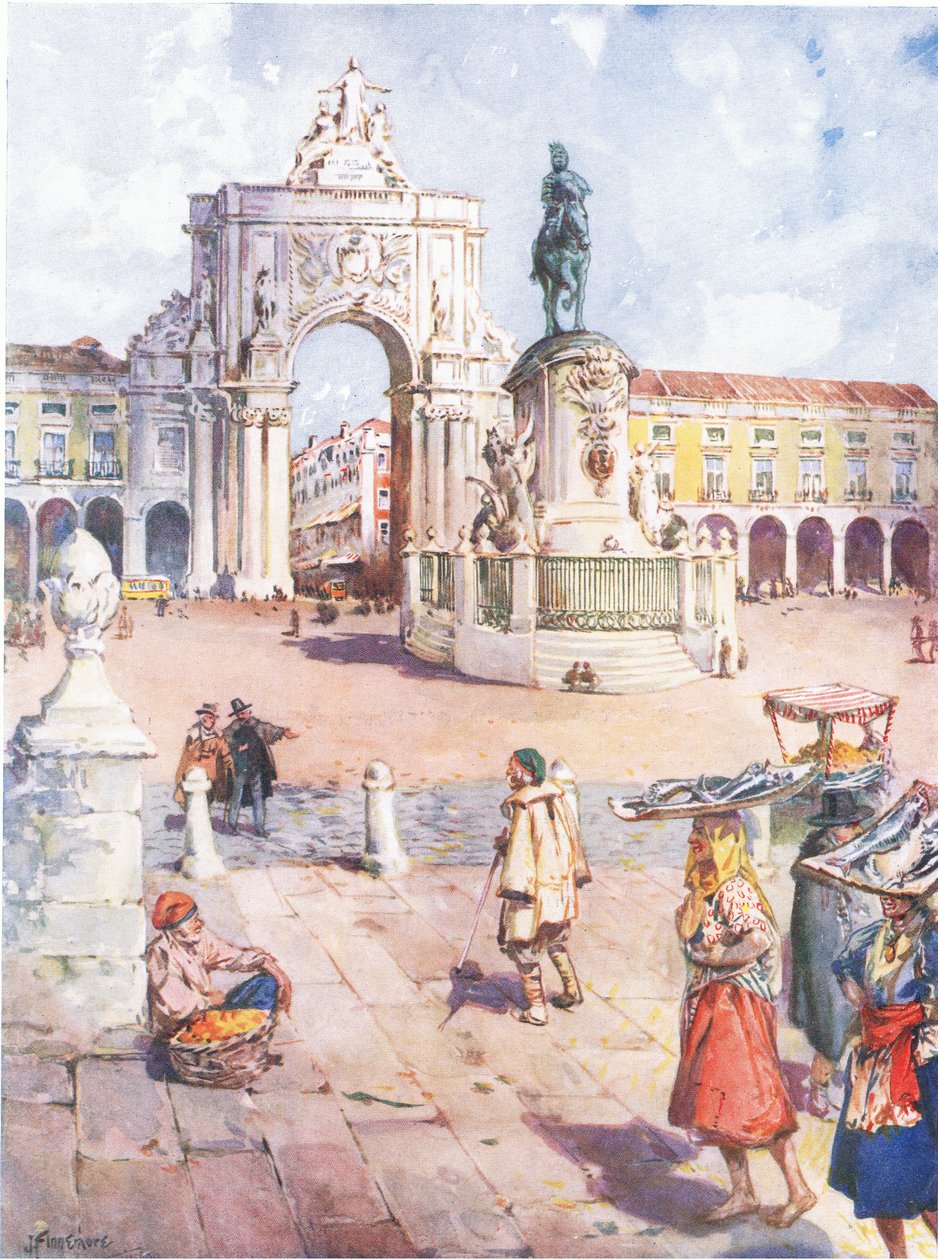 Praca do Commercio, Lissabon, Hutchinson & Sonin julkaisemasta Hutchinsons Picturesque Europe -julkaisusta, noin 1930. tekijältä Joseph Finnemore