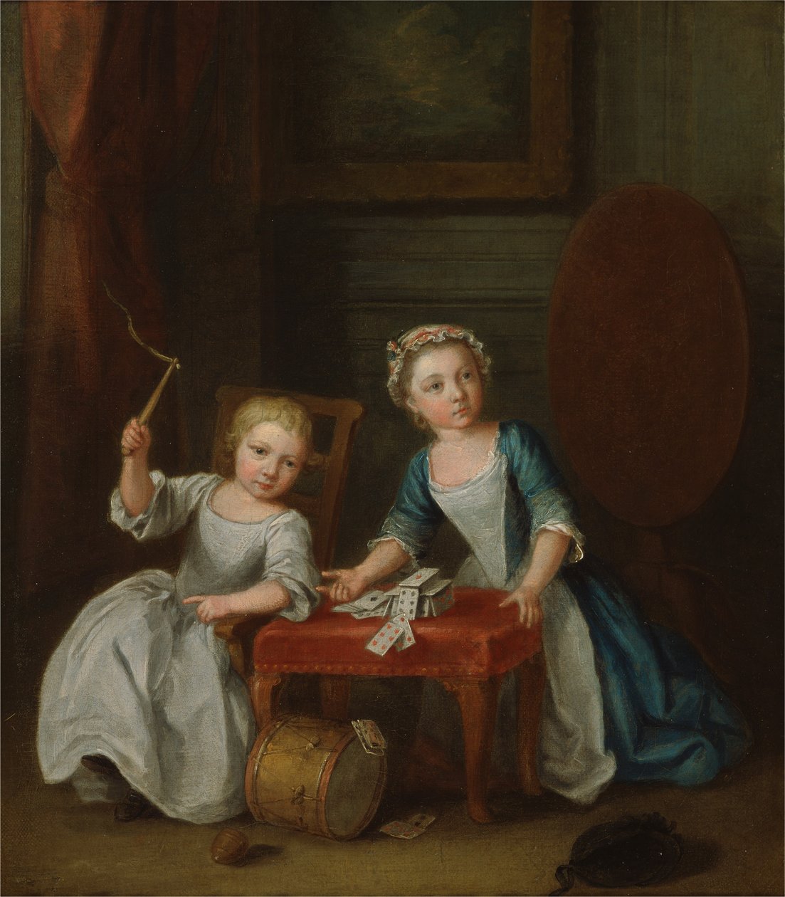 Kaksi Nollekens-perheen lasta, luultavasti Jacobus ja Maria Sophia, leikkivät toppia ja pelikortteja, 1745 tekijältä Joseph Francis Nollekens