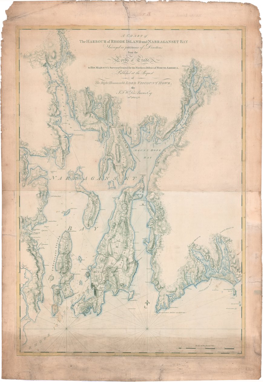 Kartta Rhode Islandin satamasta ja Narragansett Baystä tekijältä Joseph Frederick Wallet DesBarres