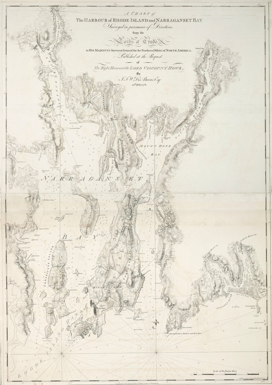 Rhode Islandin sataman ja Narraganset Bayn kartta. tekijältä Joseph Frederick Wallet DesBarres