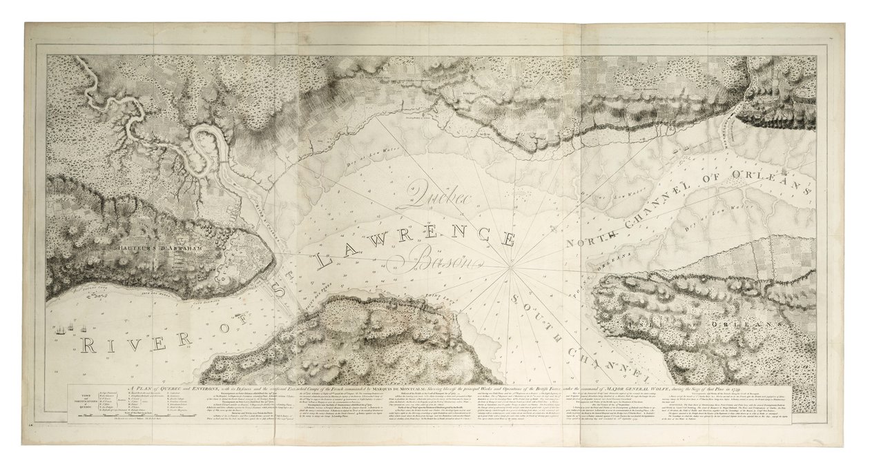 Quebecin ja sen ympäristön suunnitelma puolustuksineen, noin 1781 (värillinen kaiverrus). tekijältä Joseph Frederick Wallet DesBarres