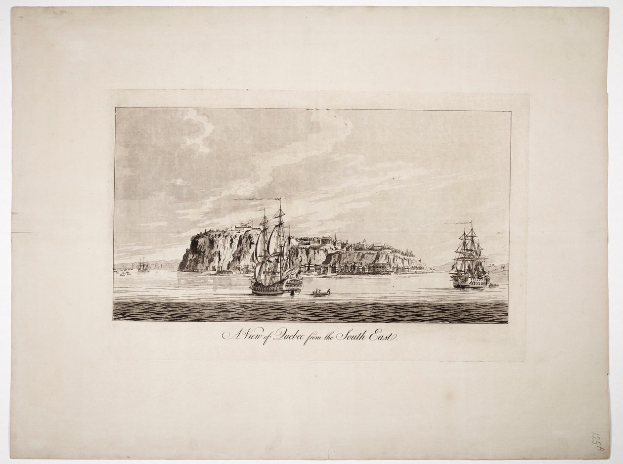 Näkymä Quebecistä kaakosta, noin 1781 (värillinen kaiverrus). tekijältä Joseph Frederick Wallet DesBarres
