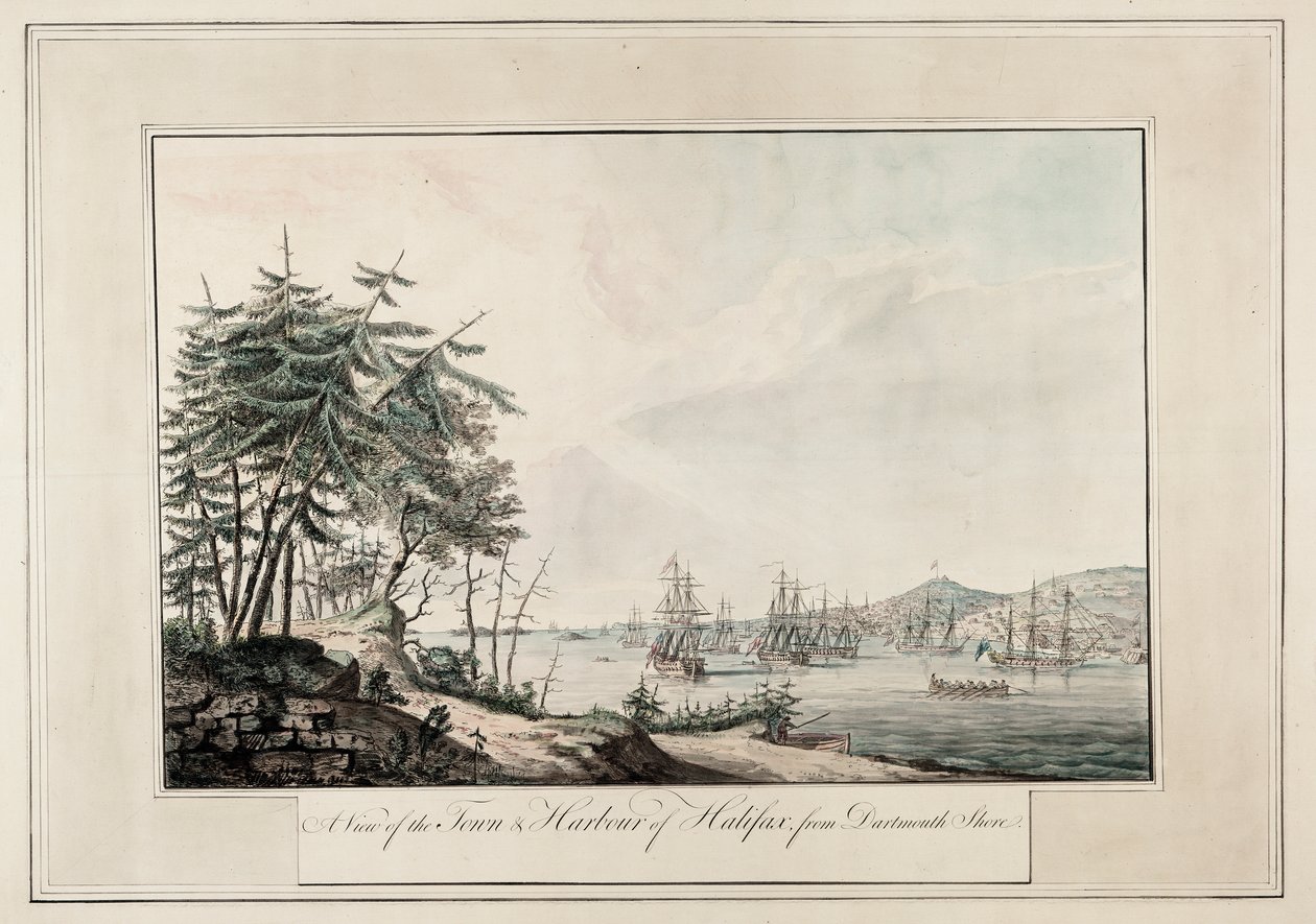 Näkymä Halifaxin kaupungista ja satamasta Dartmouthin rannalta, noin 1777 (painettu). tekijältä Joseph Frederick Wallet DesBarres