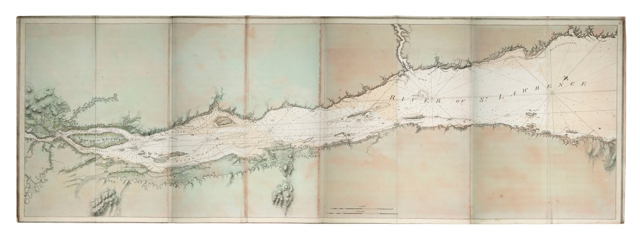 Pyhän Laurentiuksen joen kartta, Pohjois-Amerikan Atlantin rannikko, noin 1781 (värillinen kaiverrus). tekijältä Joseph Frederick Wallet DesBarres