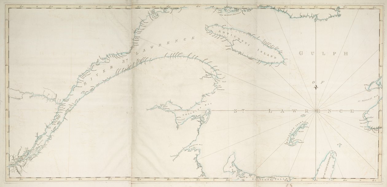 Pyhän Laurentiuksenlahden ja -joen kartta, noin 1778 (painettu). tekijältä Joseph Frederick Wallet DesBarres