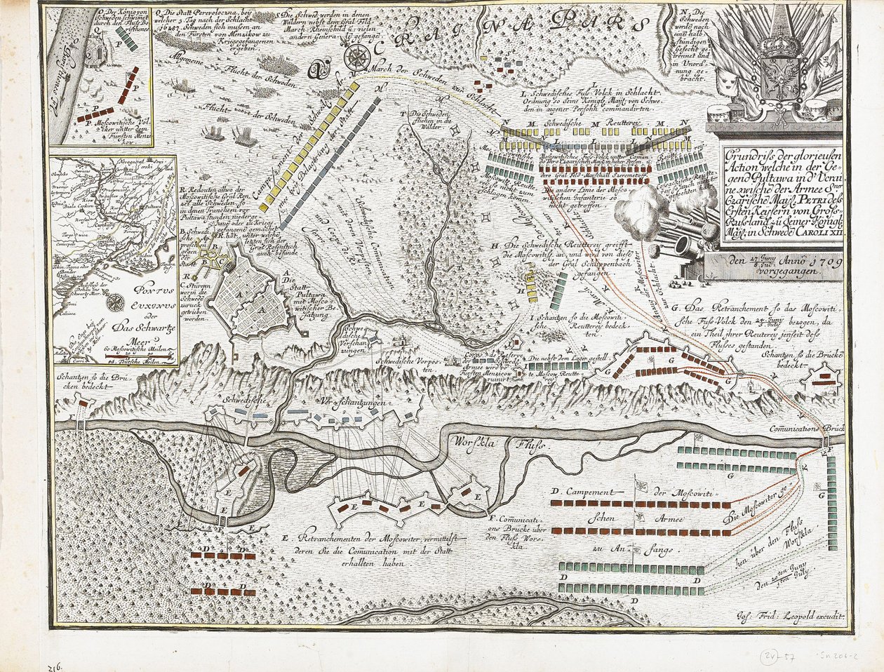 Kartta Poltavan taistelusta 27. kesäkuuta 1709 tekijältä Joseph Friedrich Leopold