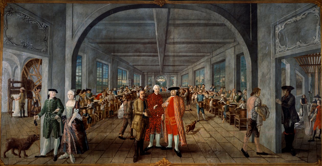 Wetter Brothers Indian Fabric Factory Vasemmalla herra ja rouva Jean Rodolphe (Jean-Rodolphe) Wetter runsaasti vetus. Keskellä työntekijä esittelee painolevyn tehtaan johtajalle Pierre Pignet
