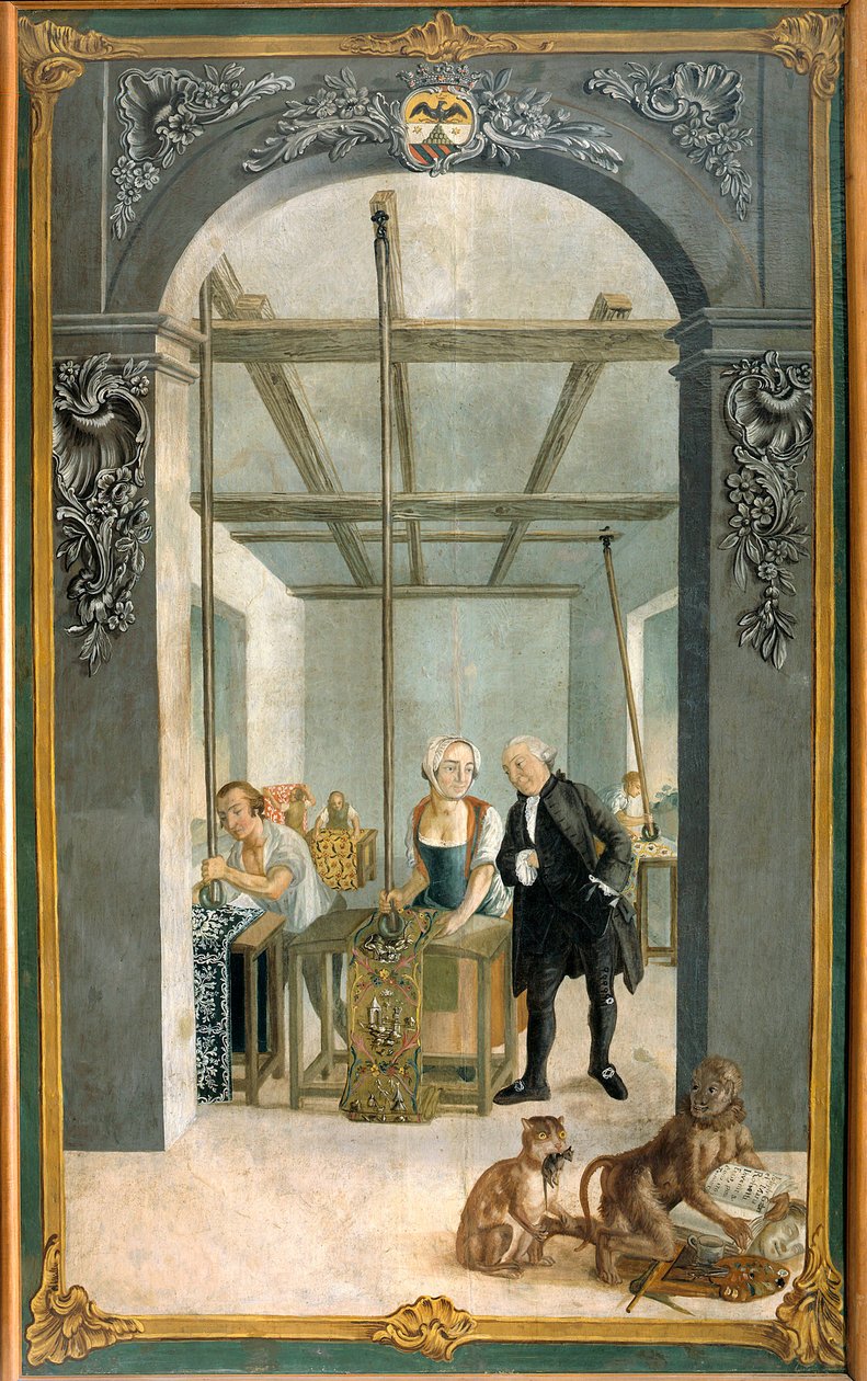 Wetter Brothers Indian Fabric Factory: Työntekijät kulkevat painettujen kankaiden säleikön läpi Joseph Gabriel Rossettin maalaus (1700-luku). 1764 Orange, Musee Municipal tekijältä Joseph Gabriel Rossetti