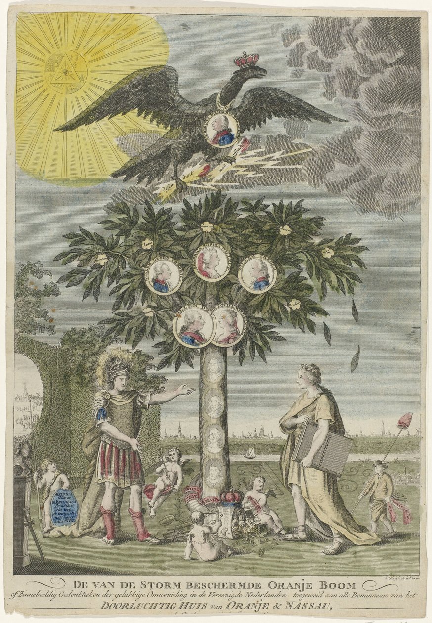 Allegoria Stadholder William V:n palautuksesta (kopio), 1787 Myrskyltä suojattu appelsiinipuu tai Onnellisen vallankumouksen symbolinen muistomerkki Yhdistyneessä Alankomaissa, omistettu kaikille seesteisen Orange & N:n talon ystäville tekijältä Joseph Gleich