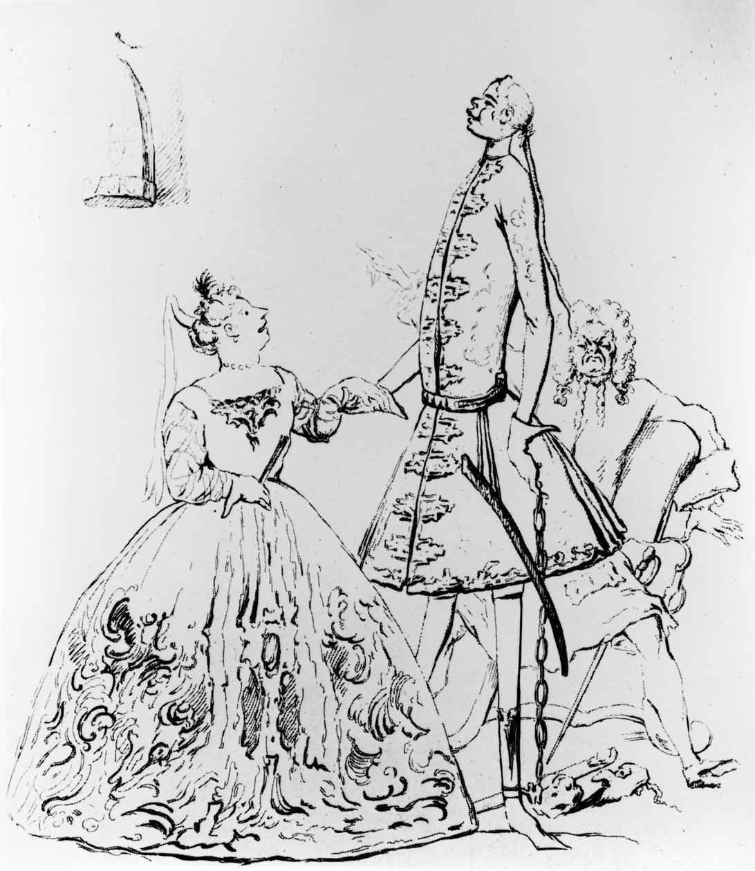 "Sinä virittävä Scarecrow and Thou Warbling Bird", karikatyyri Farinellista, Cuzzonista ja Heideggeristä tekijältä Joseph Goupy
