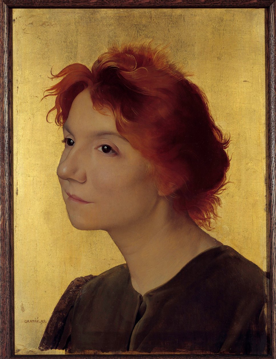 Laulaja Yvette Guilbertin (1867-1944) muotokuva. Muotokuva naisesta, jolla on punaiset hiukset kultaisella pohjalla. Joseph Granien (1861-1915) maalaus 1895 Su. 0,41x0,31 m Pariisi, musee d