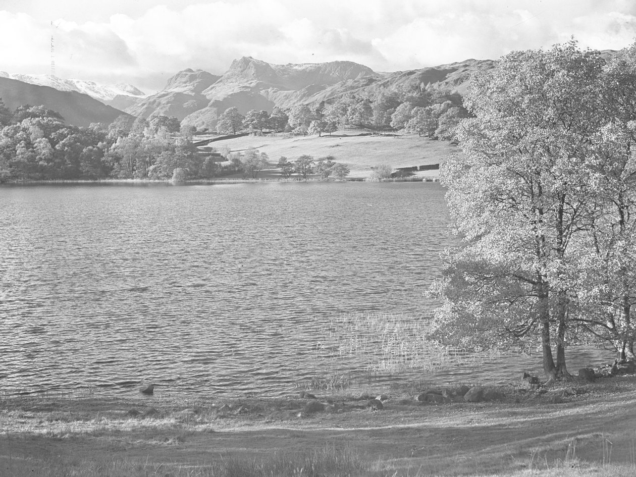 Näkymä Loughrigg Tarnin poikki, taustalla tunturit tekijältä Joseph Hardman