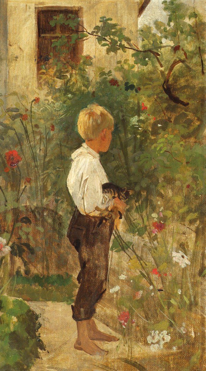 Poika kissan kanssa puutarhassa tekijältä Joseph Hasslwander